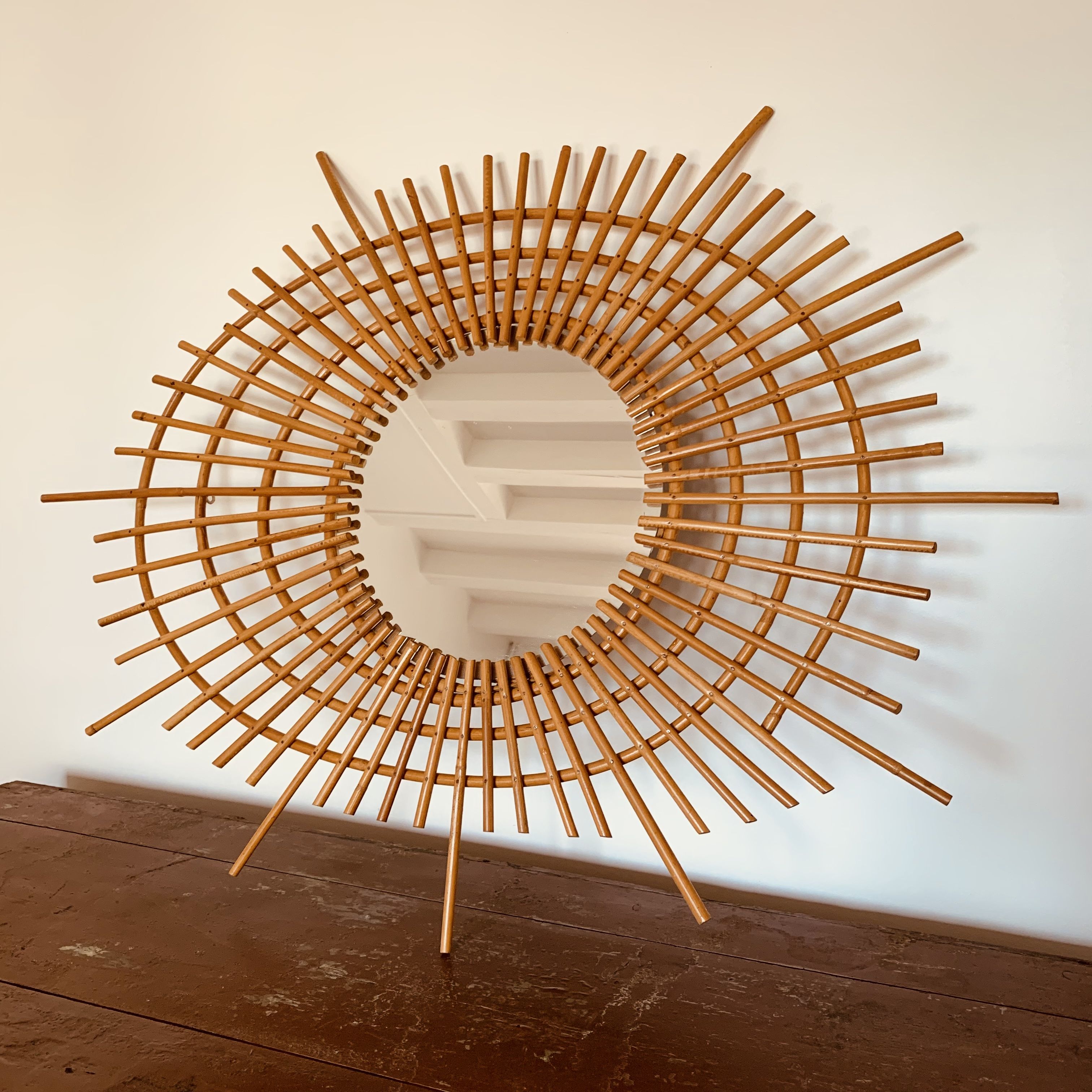 Vintage rattan sun mirror from the 60s, 73x92 cm