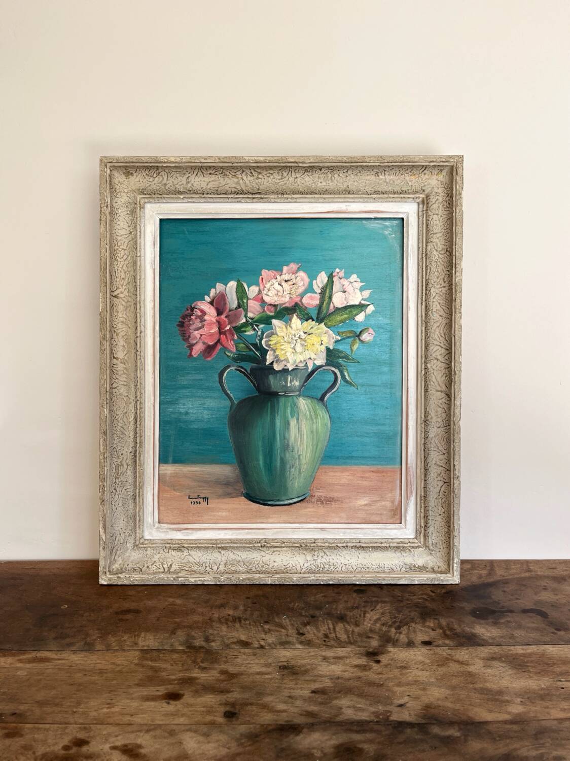 Antique painting, oil on panel, bouquet of peonies
