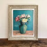 Antique painting, oil on panel, bouquet of peonies