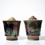 A pair of vintage stoneware pots from the 80s-90s with a Japanese style, signed handmade pottery.