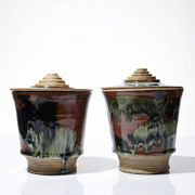 A pair of vintage stoneware pots from the 80s-90s with a Japanese style, signed handmade pottery.