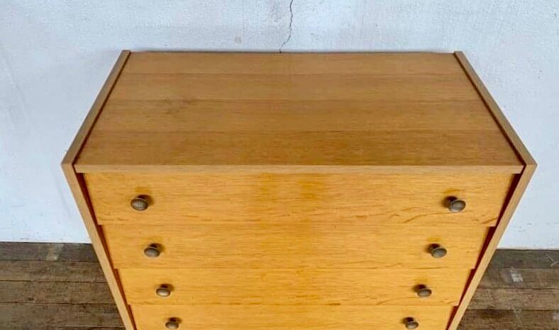 Vintage modernist light chene dresser has 4 drawers anne 1960