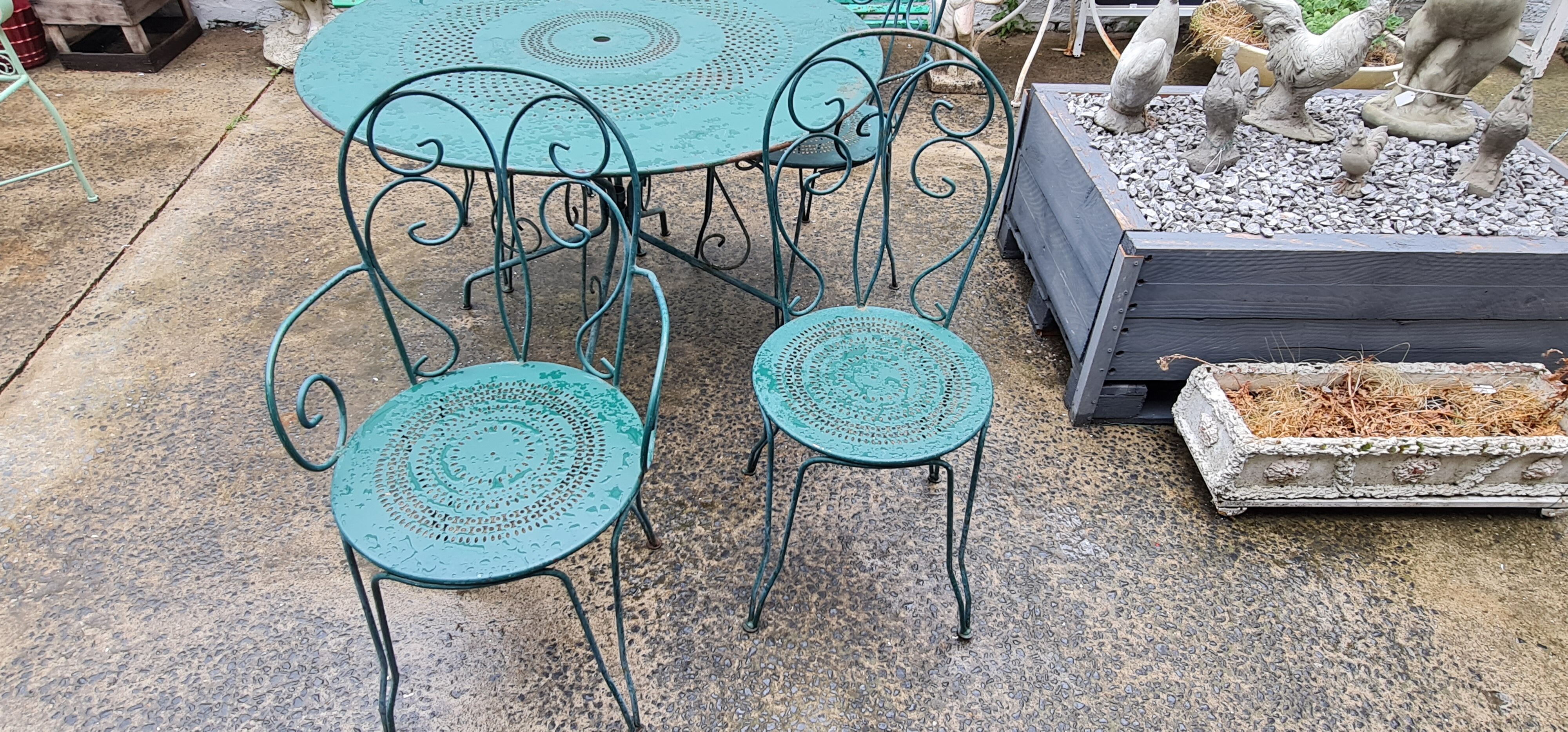 Garden furniture green wrought iron table two chairs and two armchairs