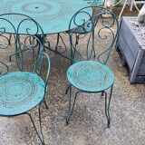 Garden furniture green wrought iron table two chairs and two armchairs