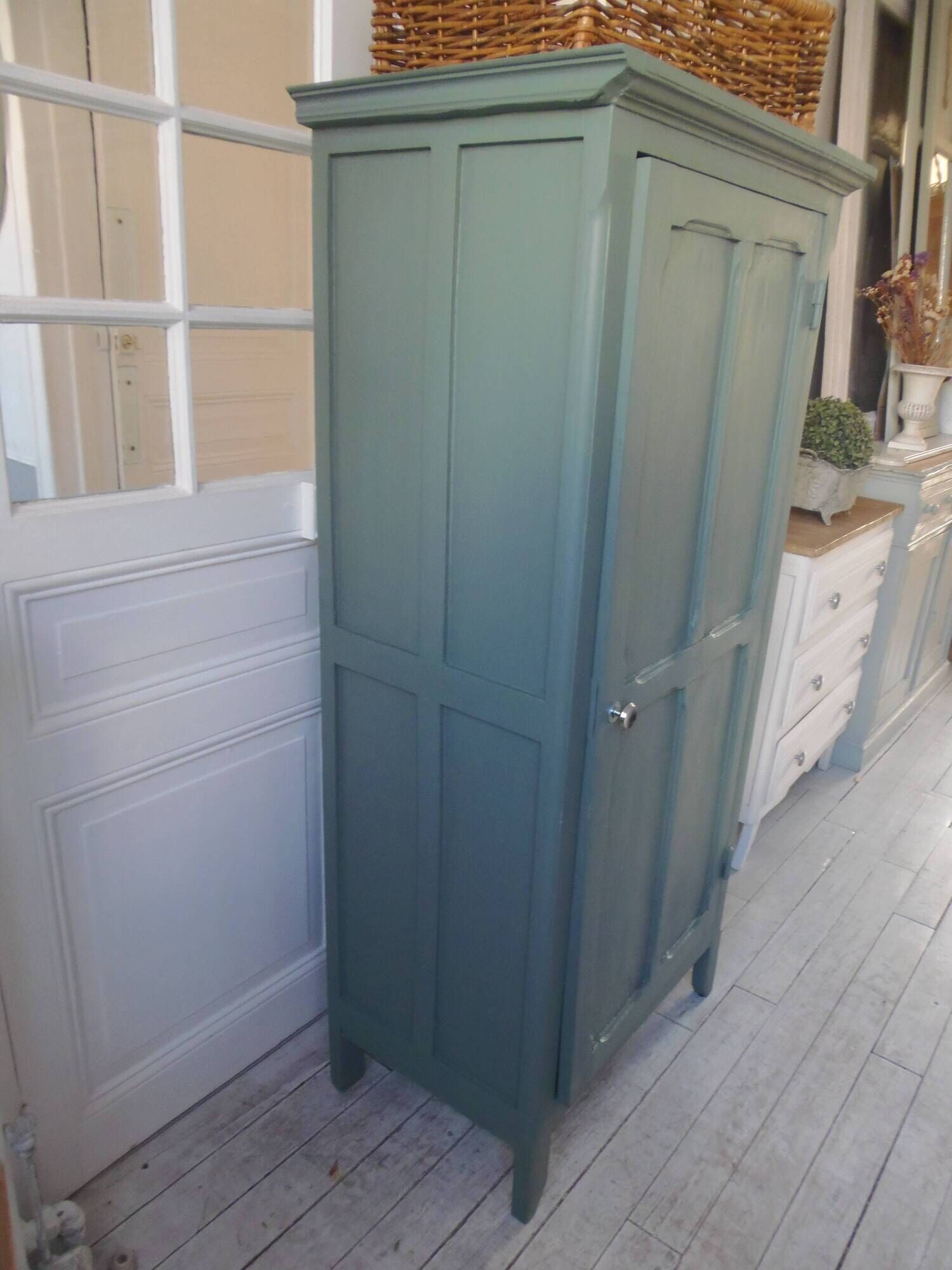 Vintage 1-door Parisian wardrobe re-enchanted in smoky green.