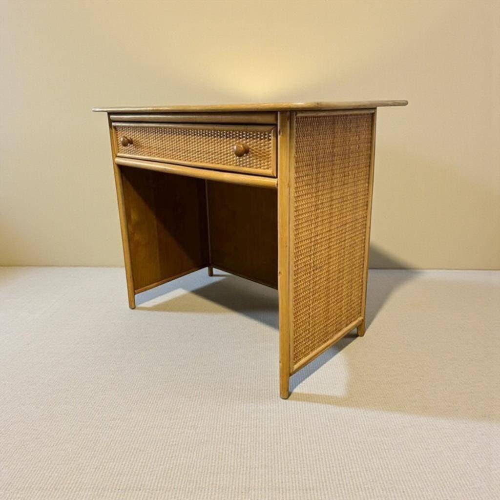 Console vintage en rotin avec tabouret / meuble coiffeuse