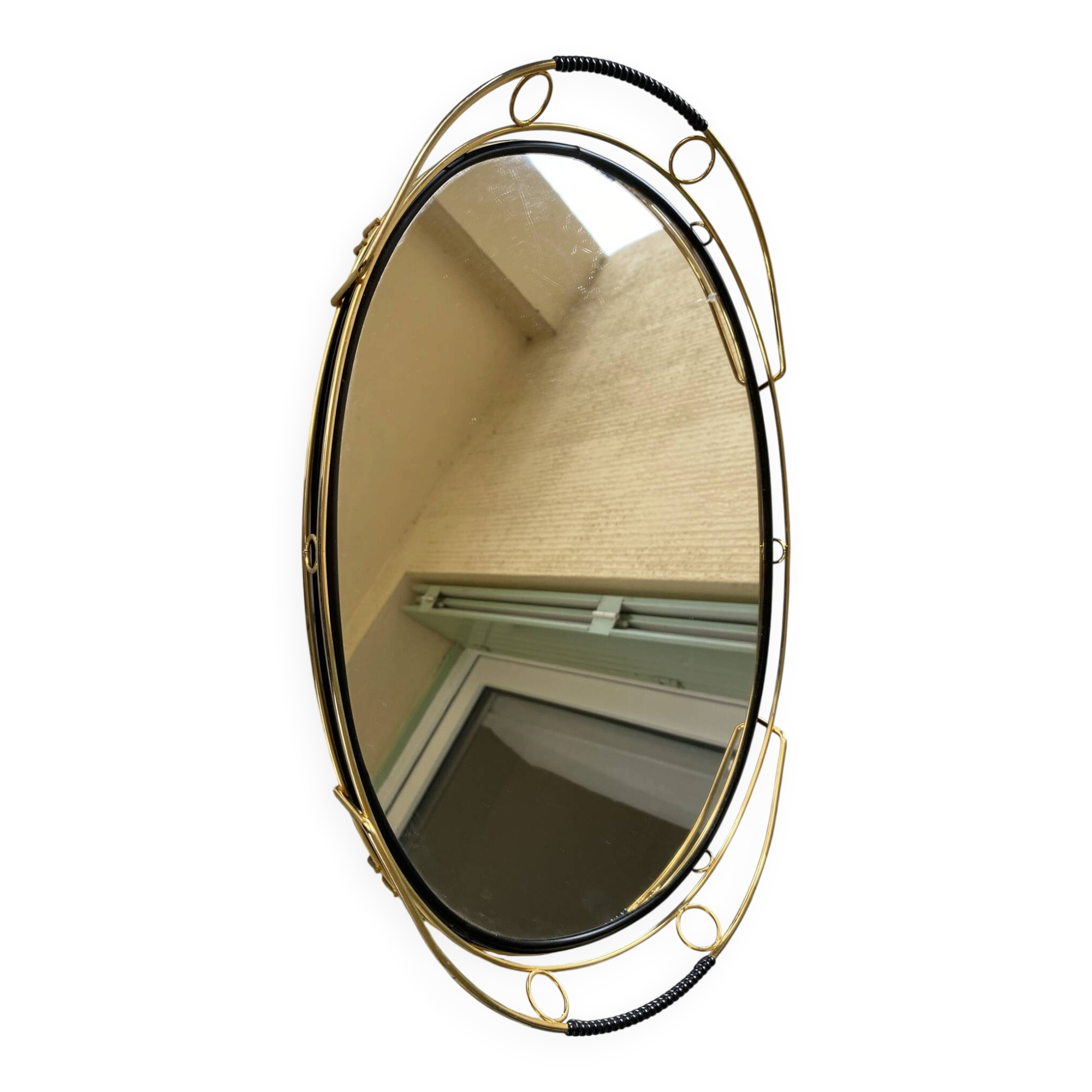 Vintage oval mirror plateau in gilded brass & black scoubidou — 1970s