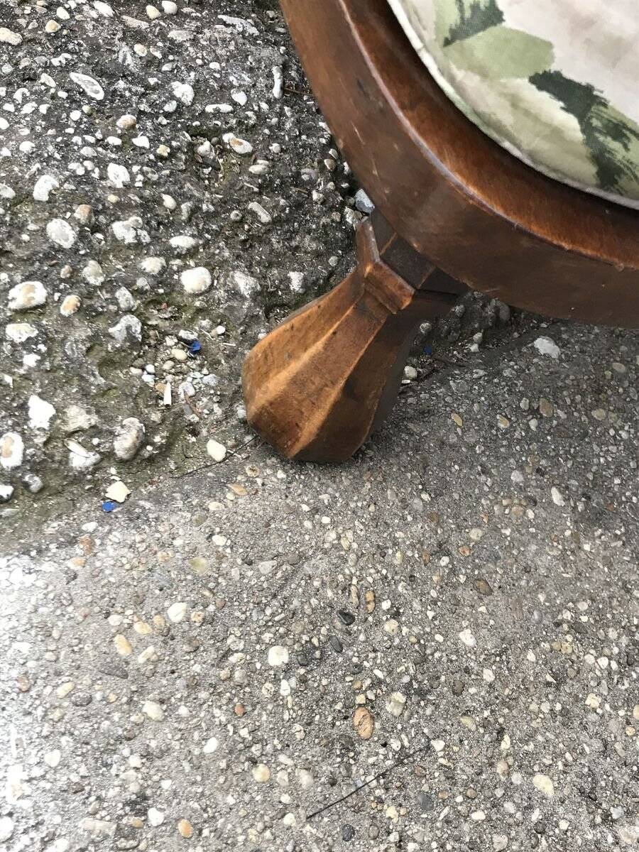 Vintage brown armchair in floral fabric and mahogany wood, 1950s, low back.