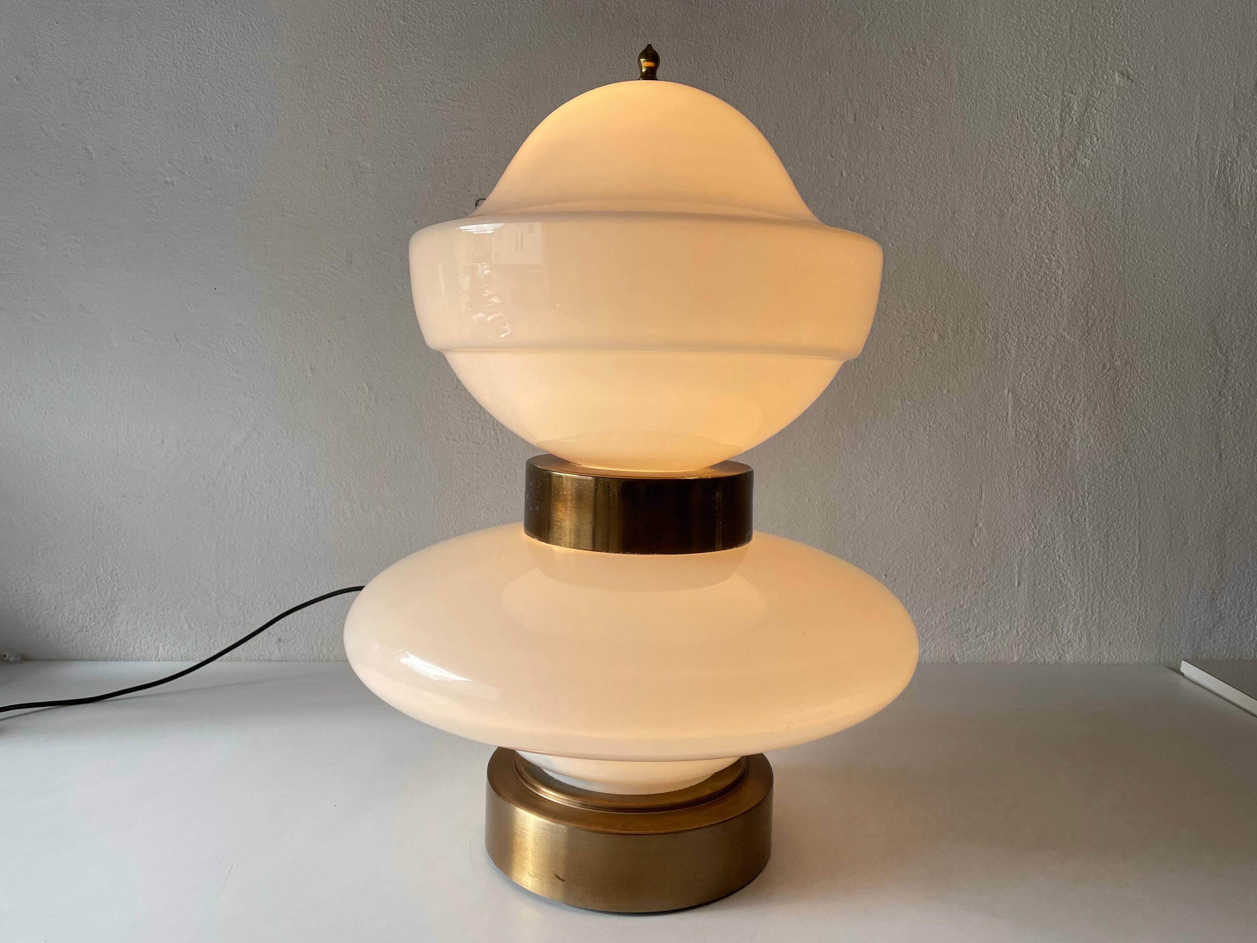 Large table lamp or floor lamp in opal glass and brass body, 1960s, Italy.