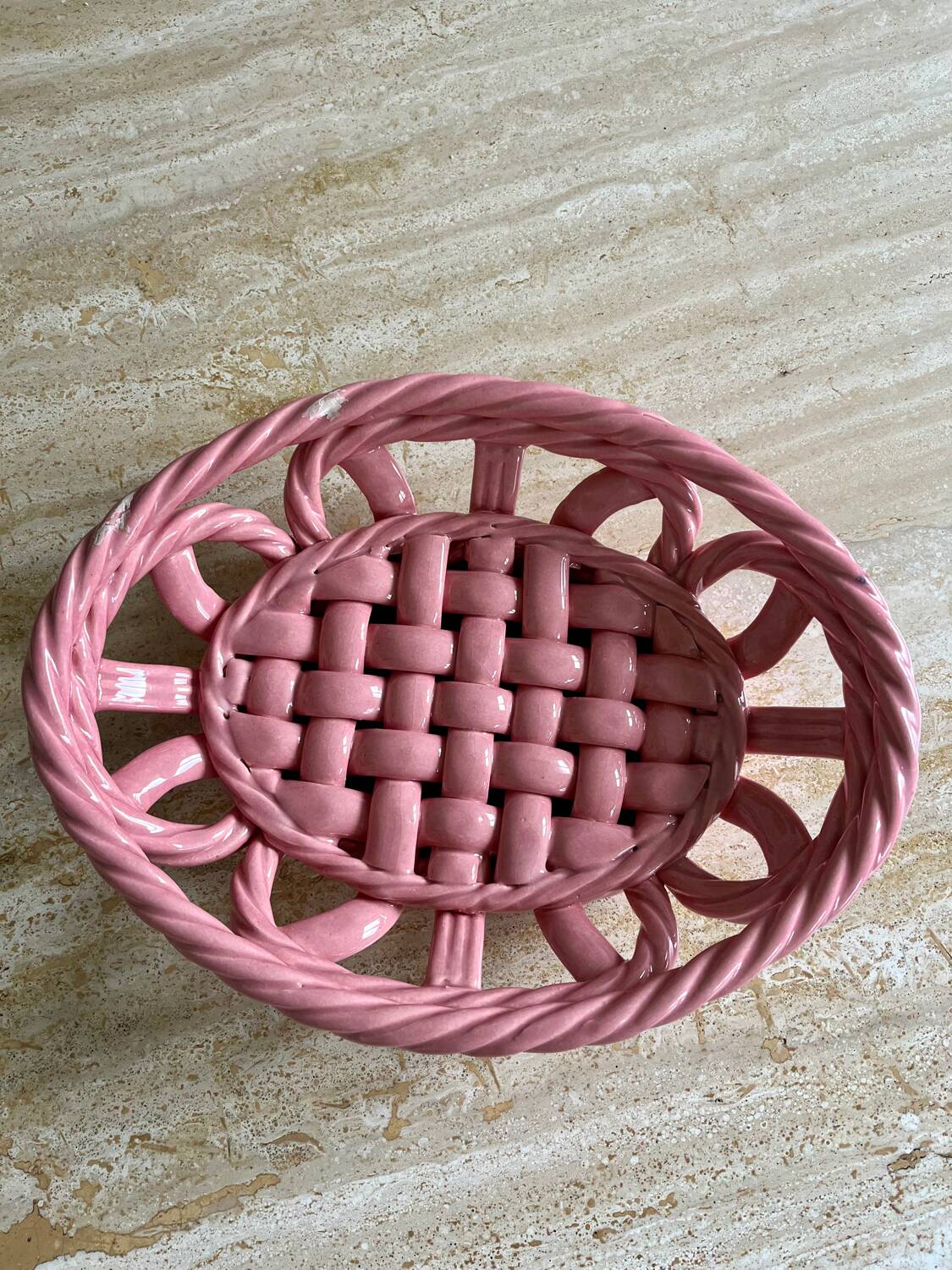 Vintage pink woven ceramic fruit basket