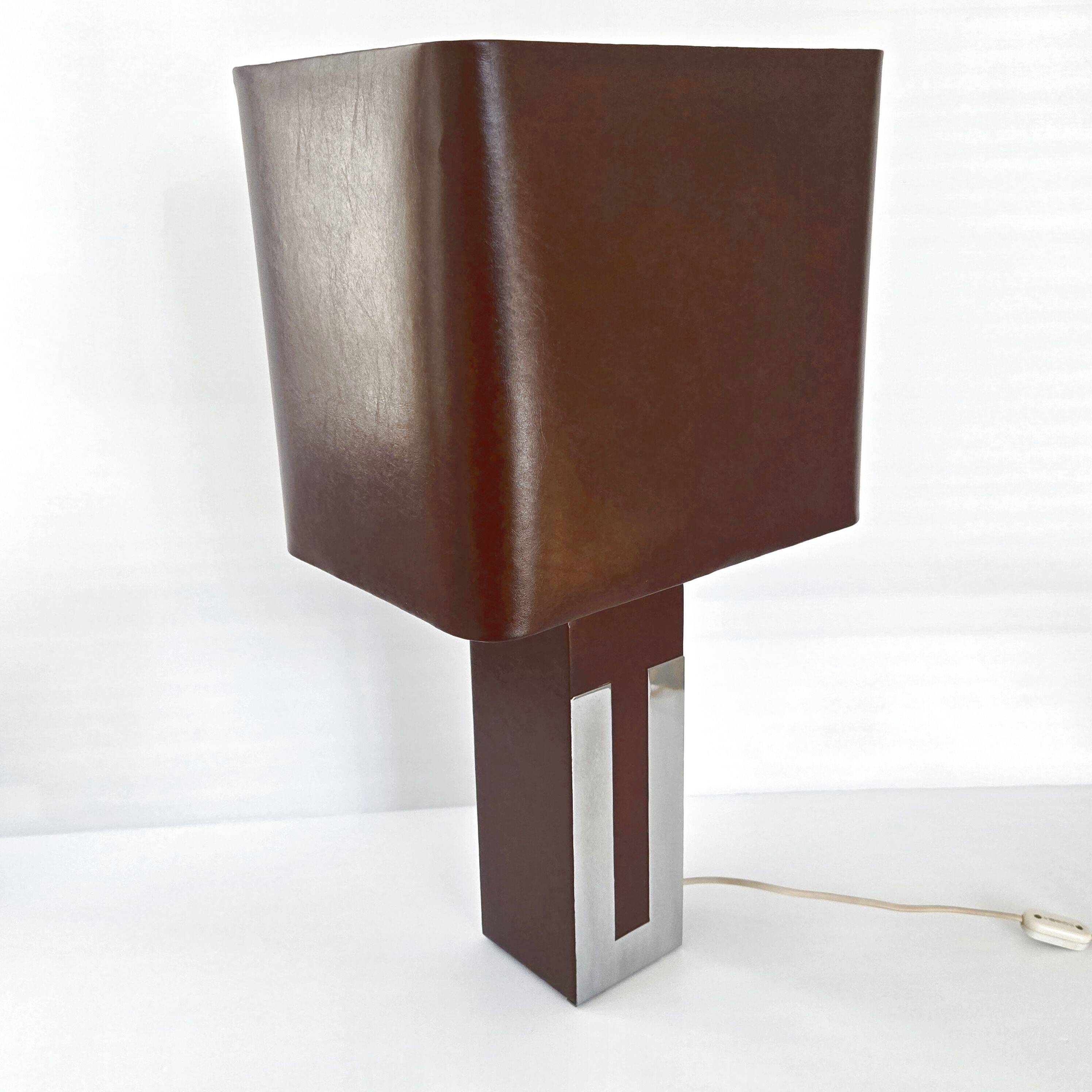 Lampe en métal chromé et simili-cuir marron, 1970