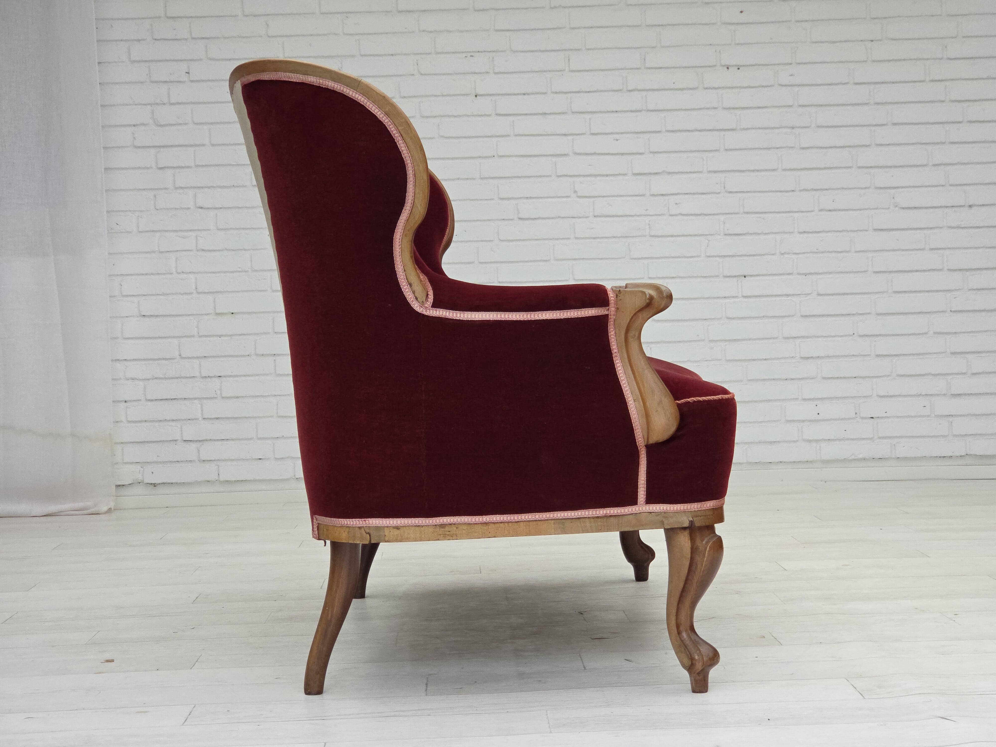 1930s, Danish 2-seater sofa, furniture velour, ash wood, reupholstered.