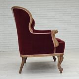 Canapé danois 2 places des années 1930, velours d'ameublement, bois de frêne, retapissé.