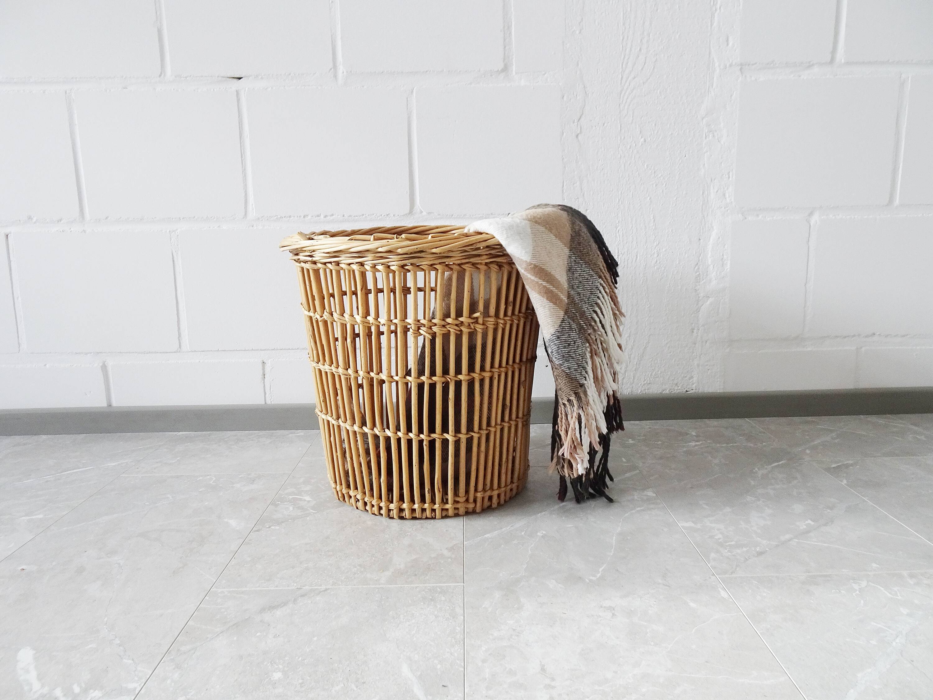 big rattan wastebasket, wicker basket, bamboo basket
