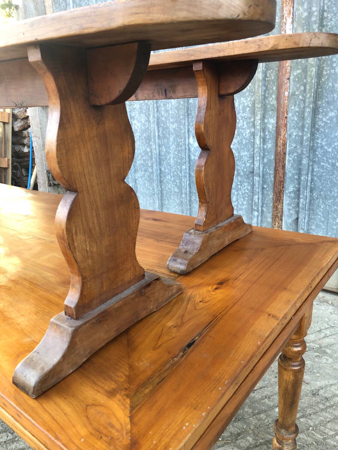 Antique farmhouse table in solid cherry wood with its 2 benches