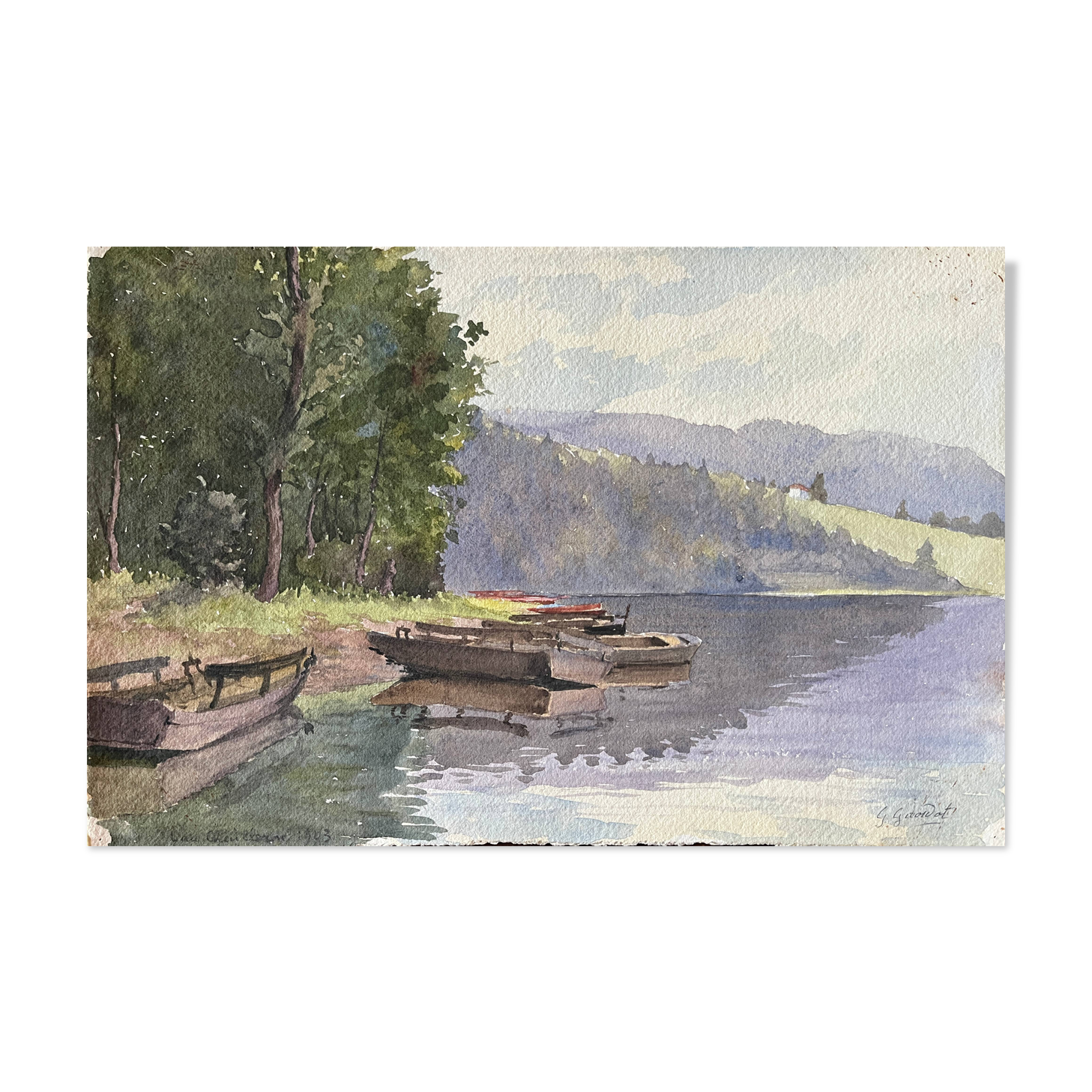 Tableau, aquarelle G. Girardot (1856-1914), Paysage aux barques vers 1903