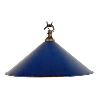 Industrial British Blue Enamel Factory Pendant Lamp, 1950s