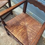 Pair of wooden and straw farmhouse armchairs