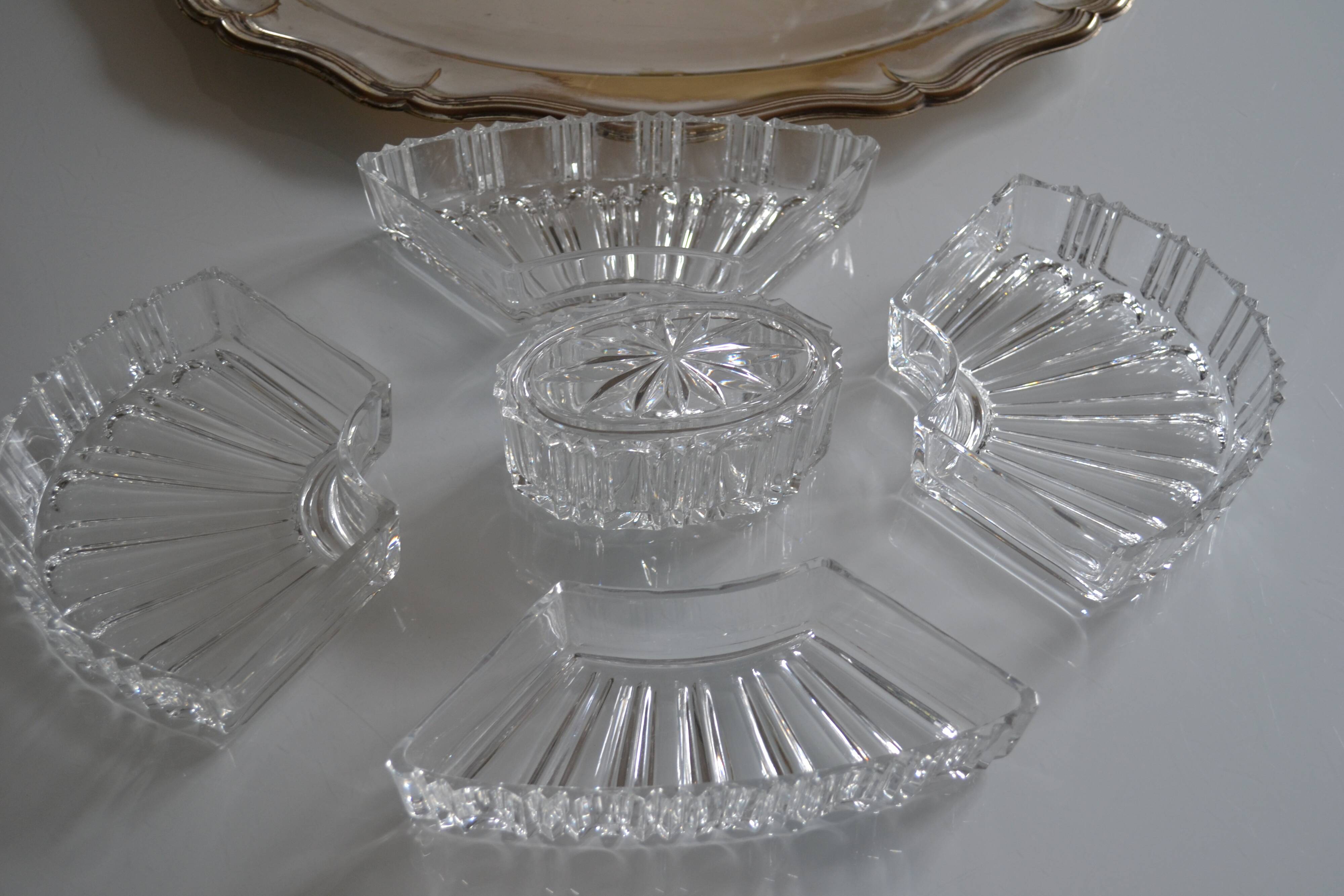 Silver-plated metal aperitif serving tray with HKE hallmark and glass.