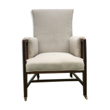 Vintage Antique Oak Reupholstered Armchair On Castors in Beige