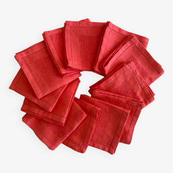 Set of 12 damask towels dyed in coral red - cotton - 50x50 cm