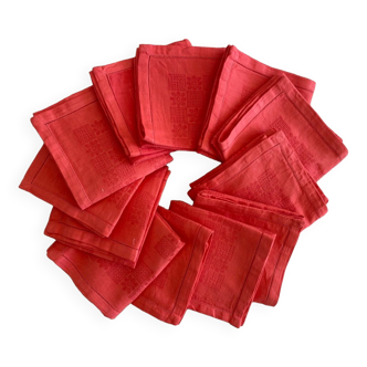 Set of 12 damask towels dyed in coral red - cotton - 50x50 cm