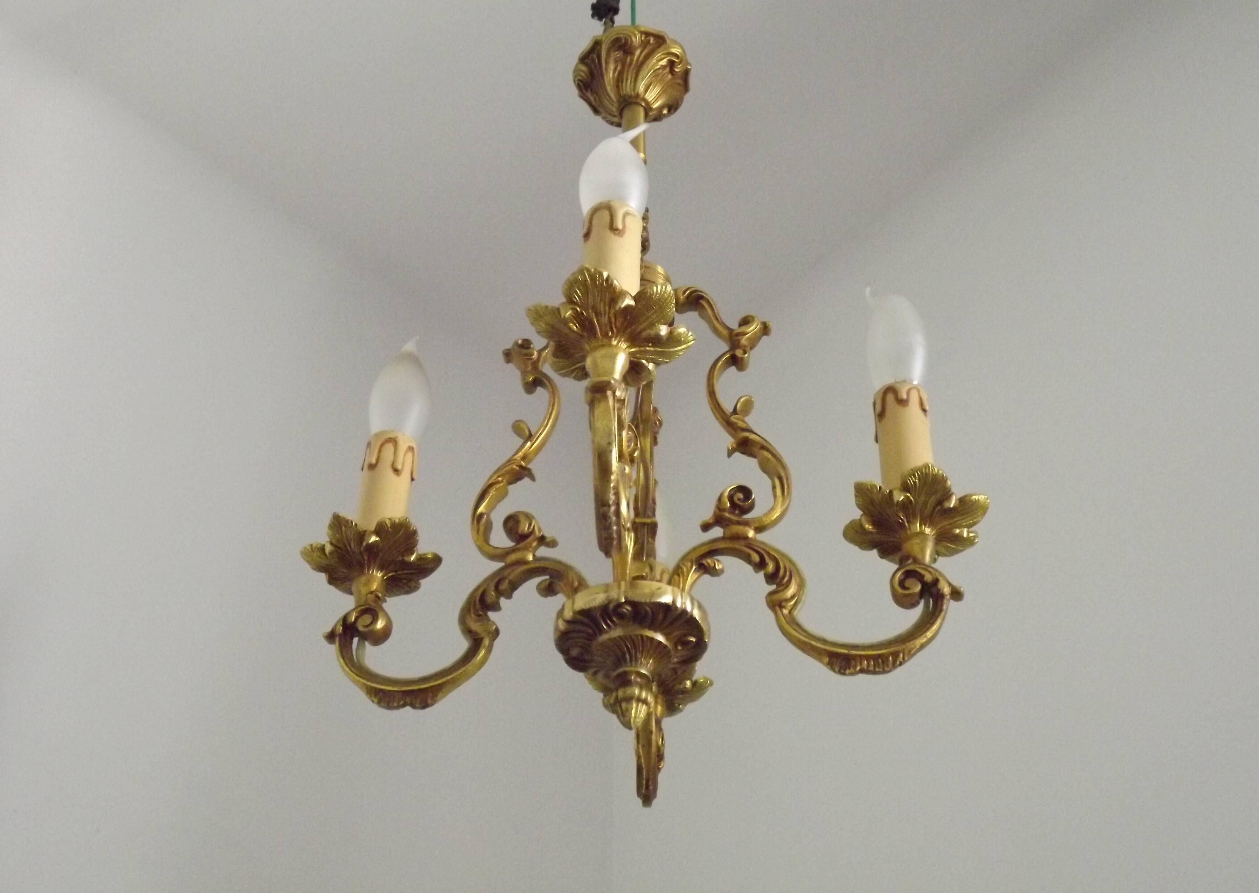 French Vintage Bronze Art Nouveau Style 4 Light 4 Sided Cage Chandelier