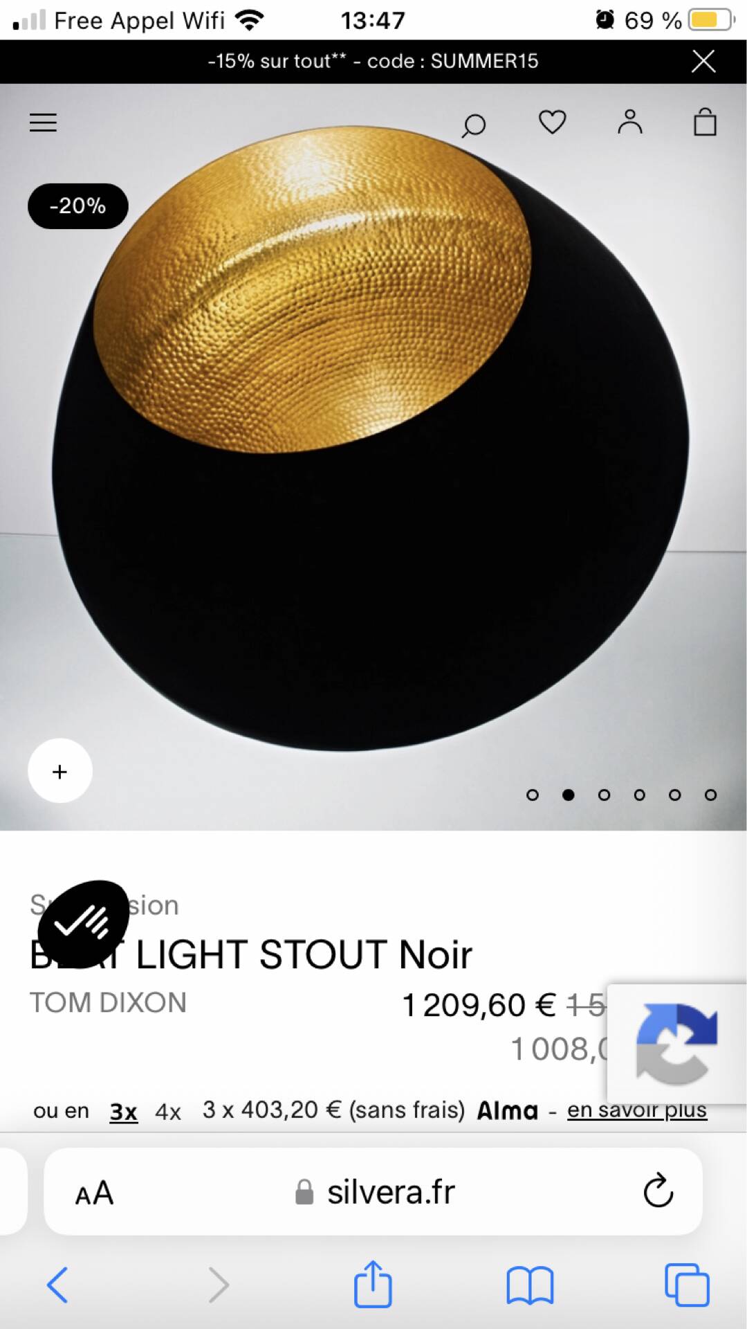 Suspension Beat light stout noir design Tom Dixon in excellent condition.