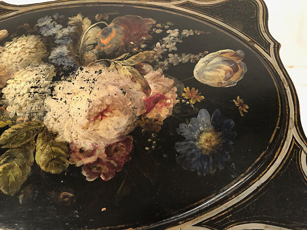 Small table with Napoleon III work, wood and boiled cardboard decorated with flowers painted with flowers