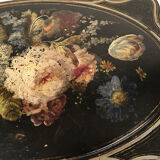 Small table with Napoleon III work, wood and boiled cardboard decorated with flowers painted with flowers