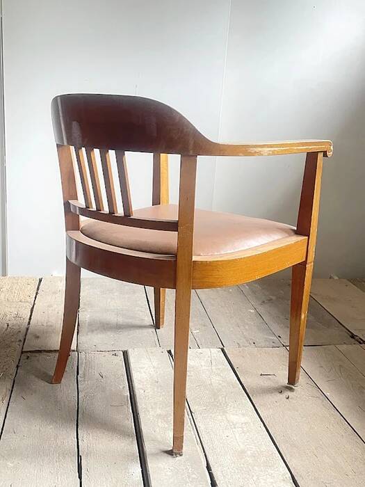 Swiss Art Deco Wood Armchair with Brown Leather Seat, 1930s