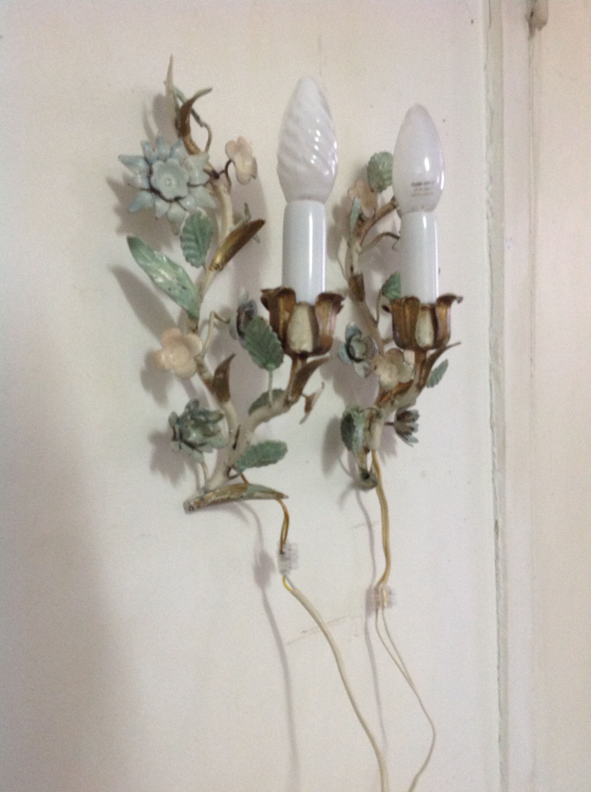 Painted metal flower sconces, vintage, 50s