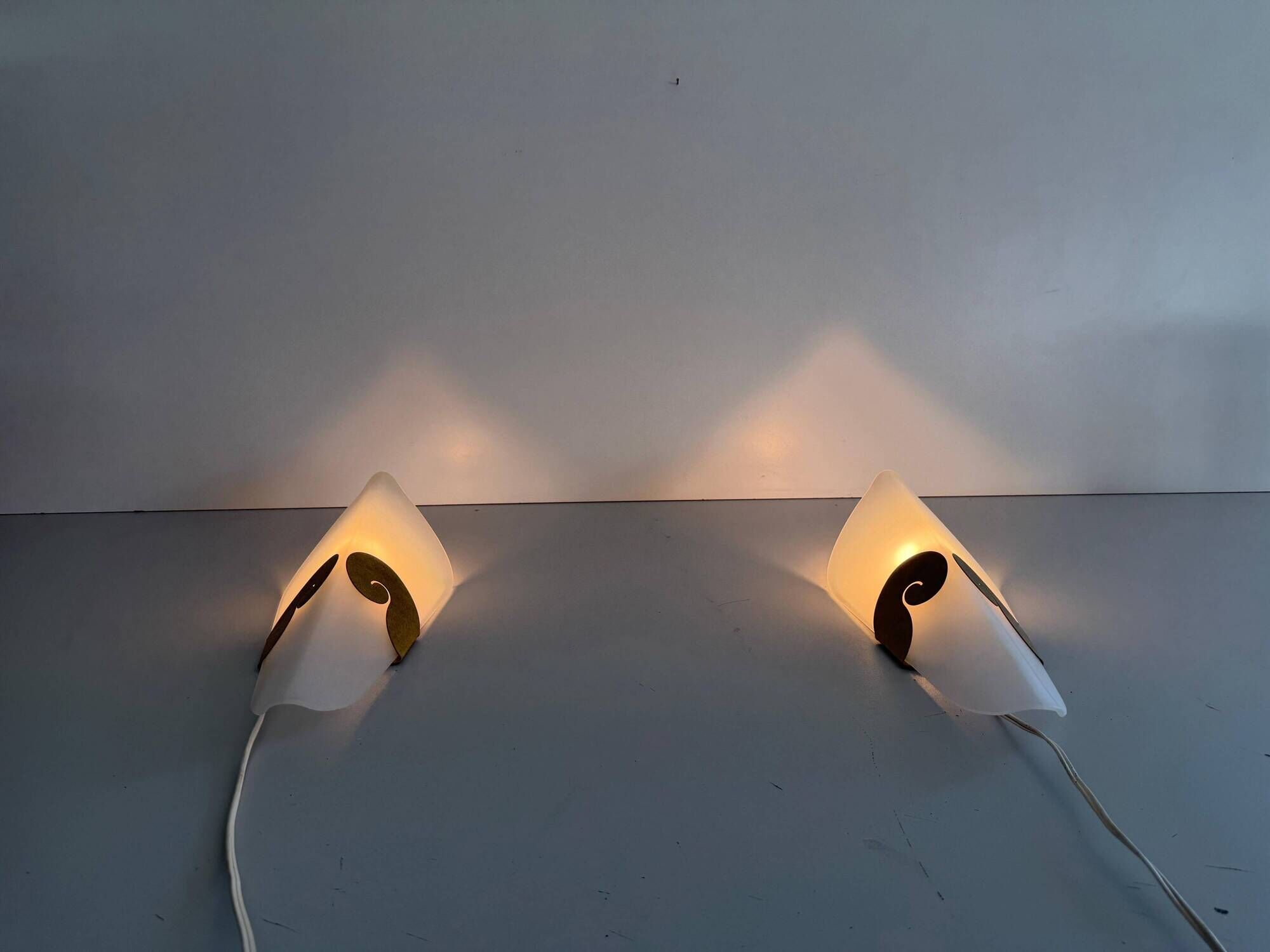 Pair of glass and metal wall lights AGE, 1980s, Italy
