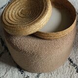 Round wicker basket with lid, vintage soft weaving.