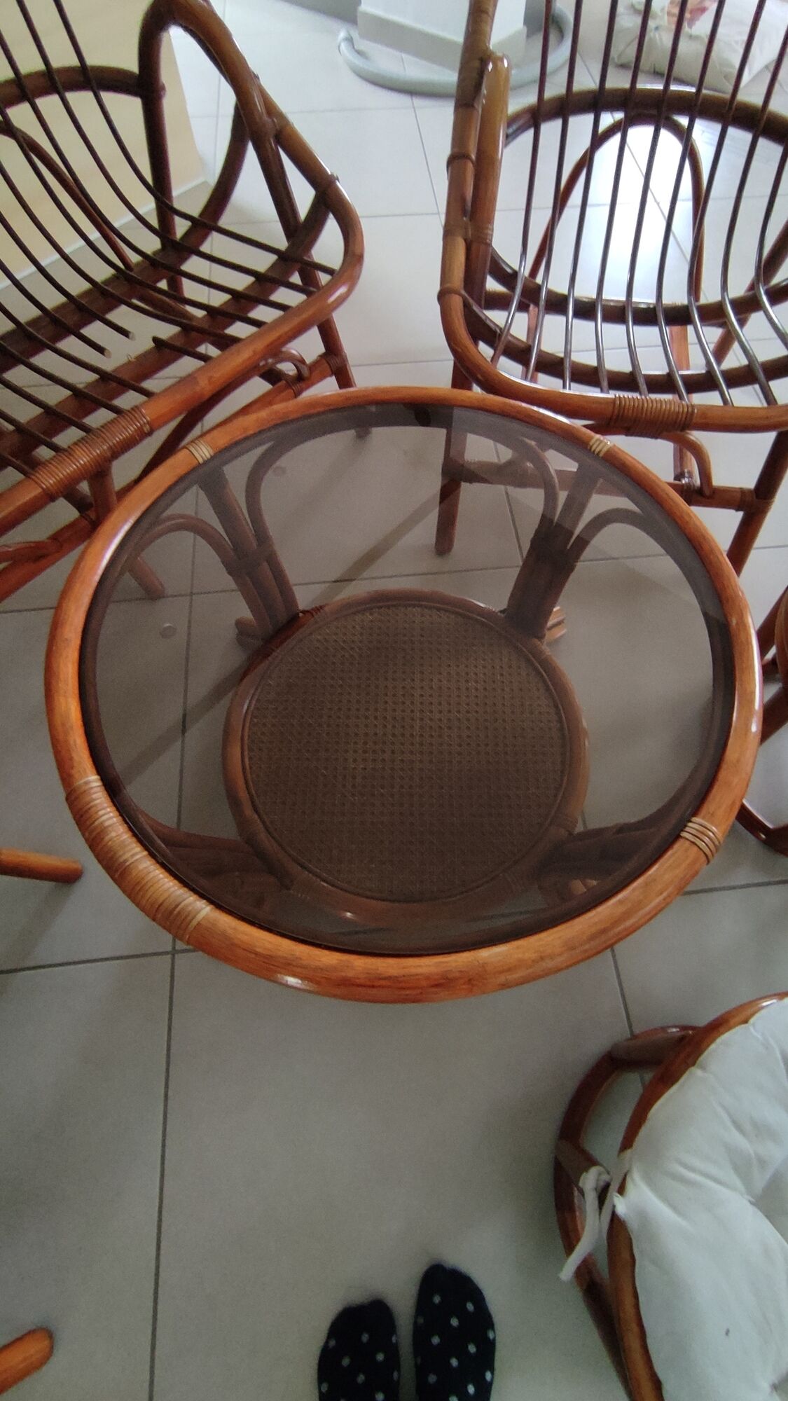 Sofa armchairs and coffee table in vintage rattan of six pieces
