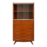 Secrétaire vitré vintage en bois, pieds compas, années 50-60