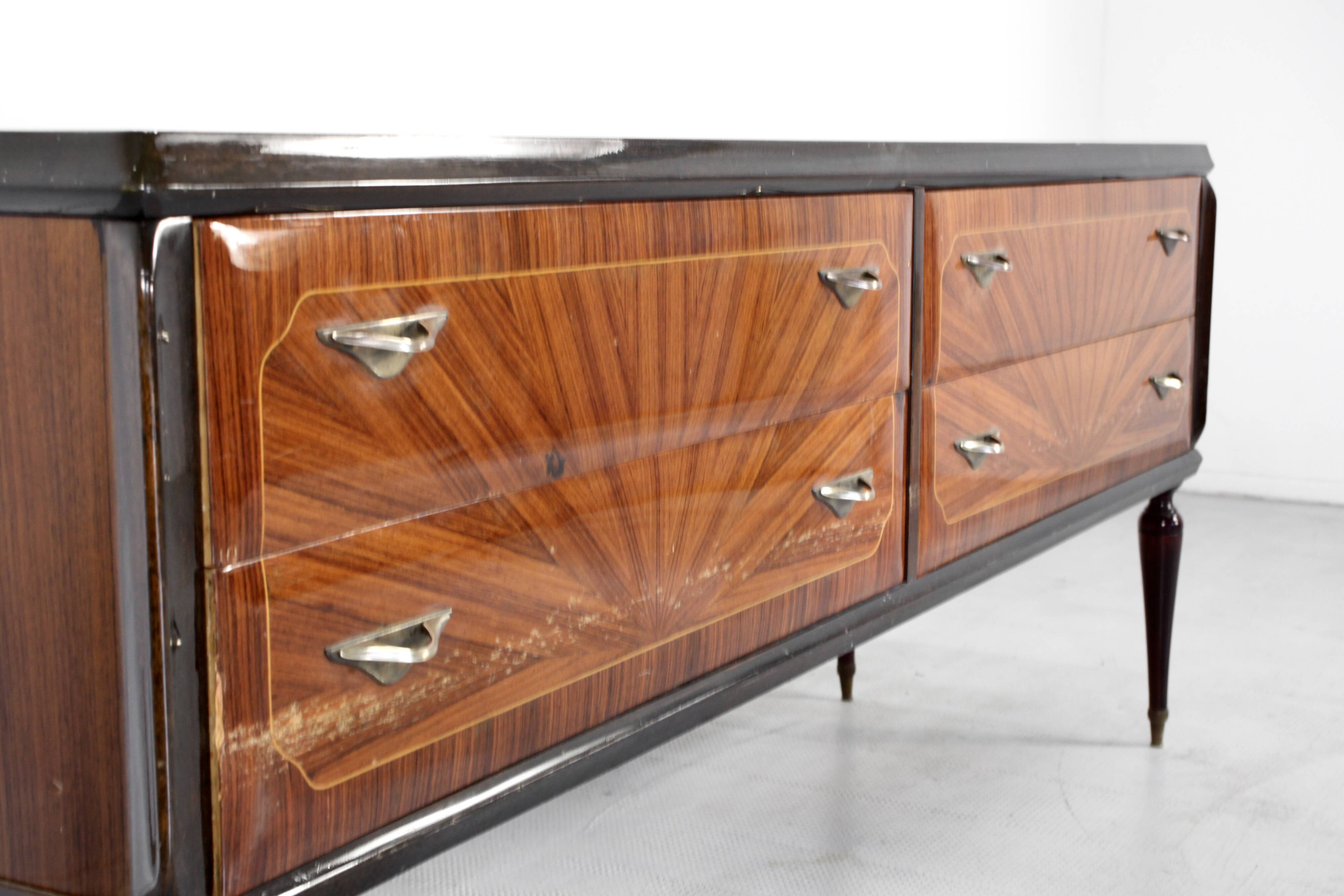 Midcentury Italian Sideboard / Dresser In Walnut And Brass. Vintage Modern