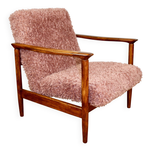 Fauteuil GFM-142 conçu par Edmund Homa des années 70, cheveux longs roses - 2 pièces disponibles.