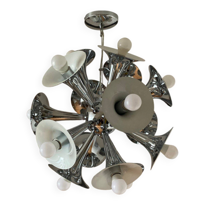 Luminaire / Lustre design sputnik chromé à trompettes, 15 lumières, style v