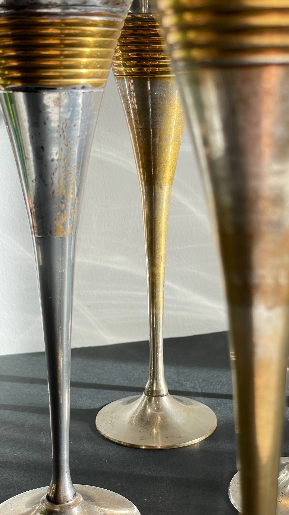 6 Vintage Silver-Plated Brass Champagne Flutes