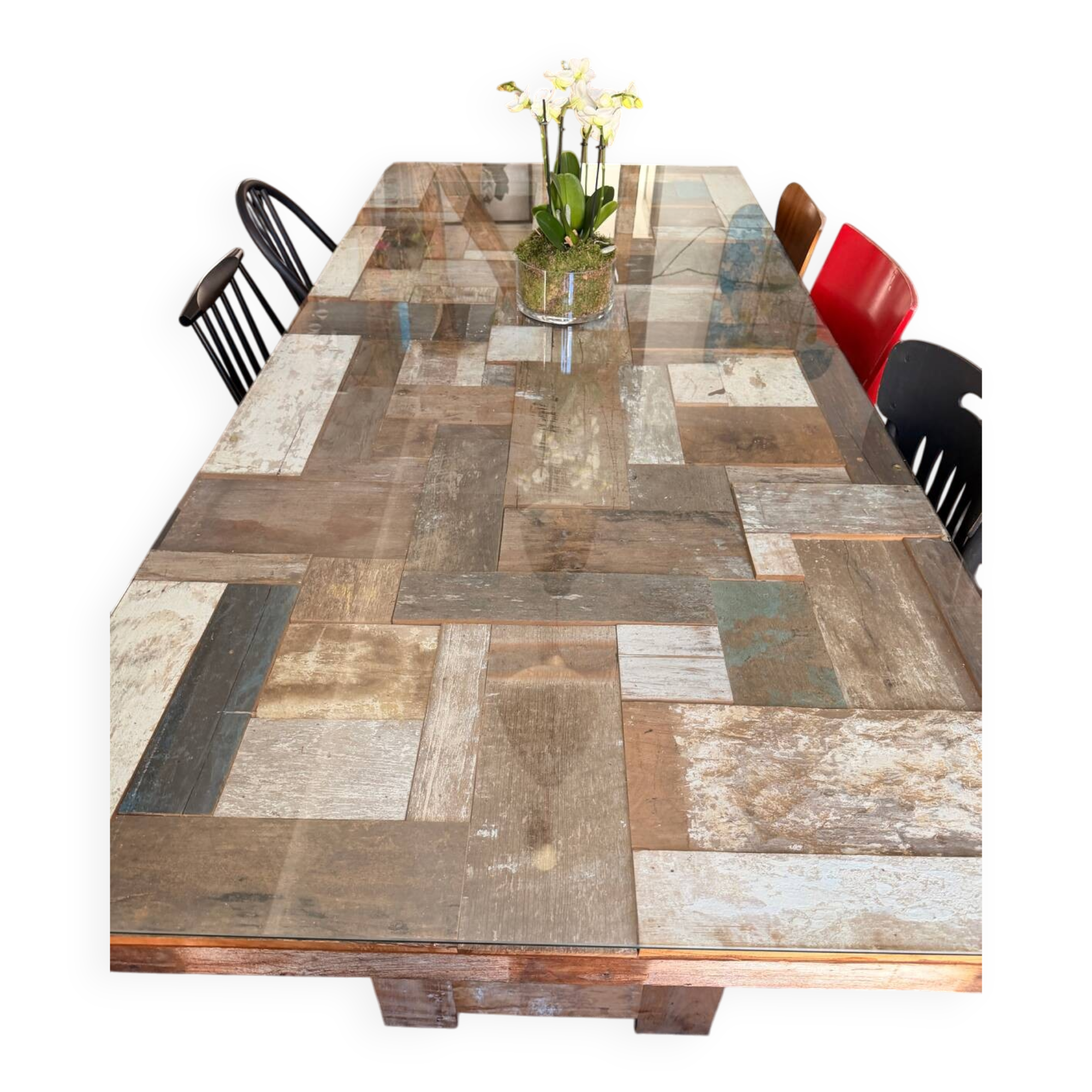 Magnificent wooden table with a glass top.
