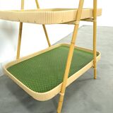 Rattan double tray with green leaf vintage fruit basket