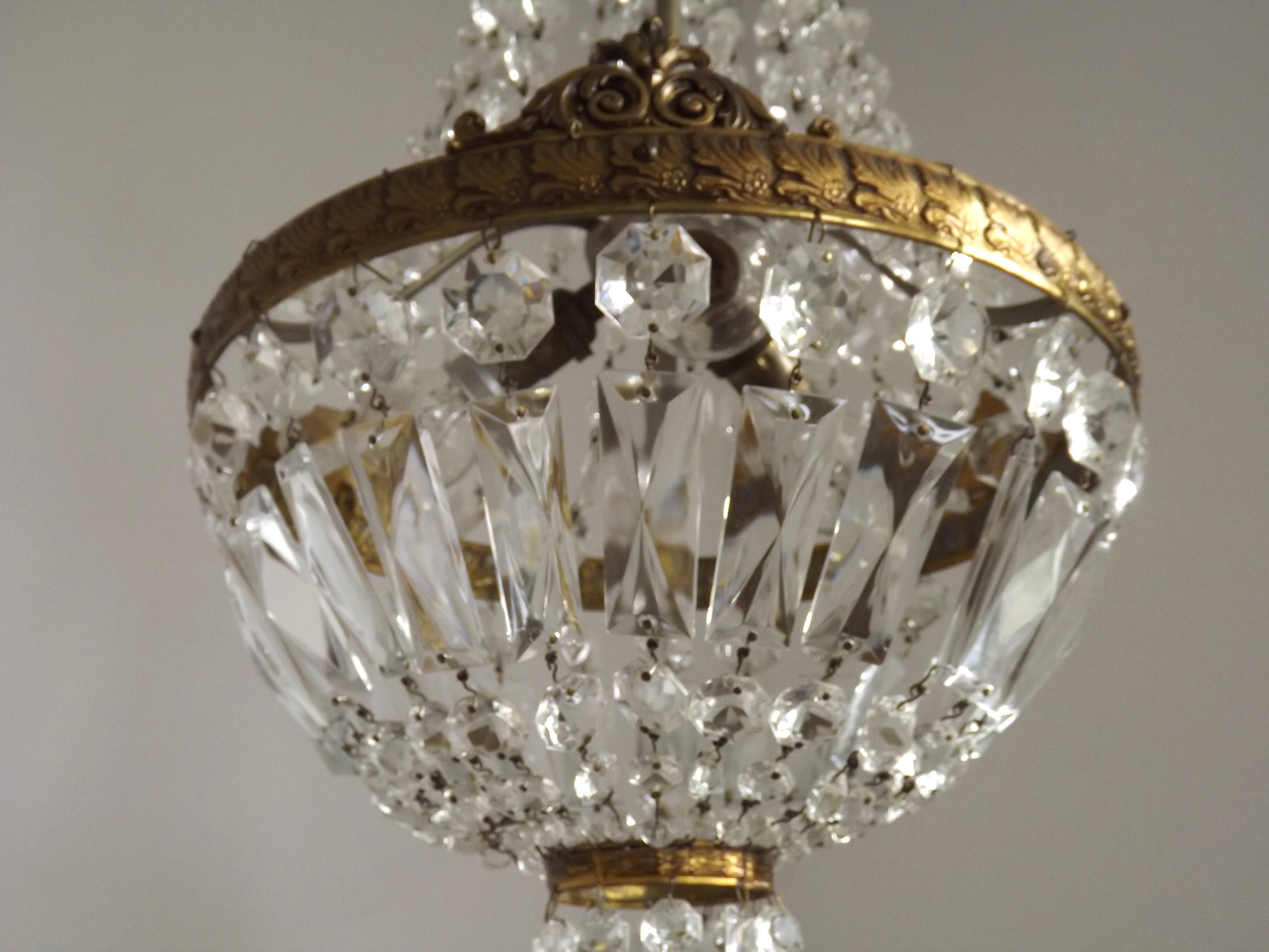 French Empire Style 3 Light Bronze Montgolfier Crystal Basket Chandelier