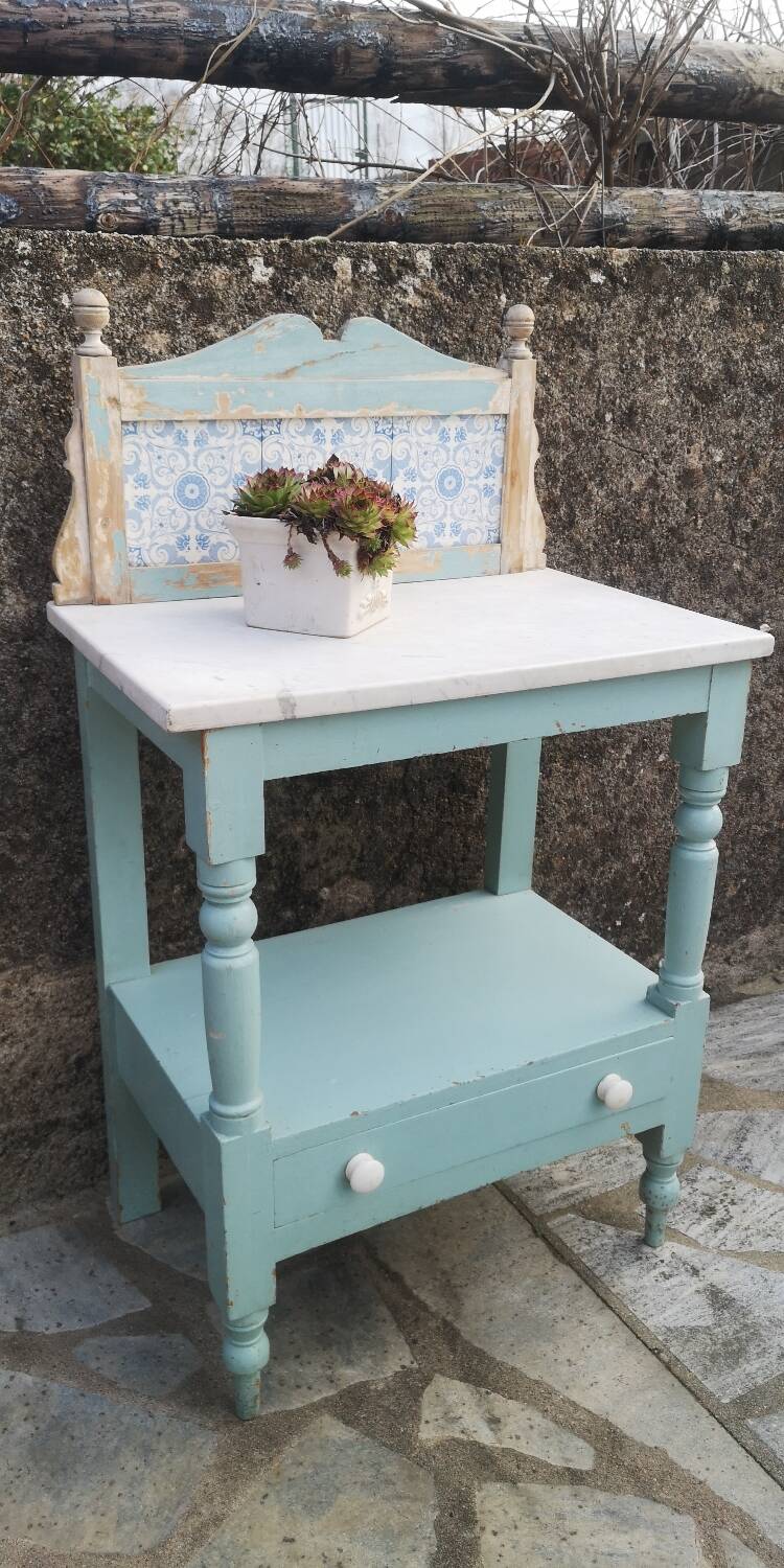 Shelf, sky blue patinated toilet console