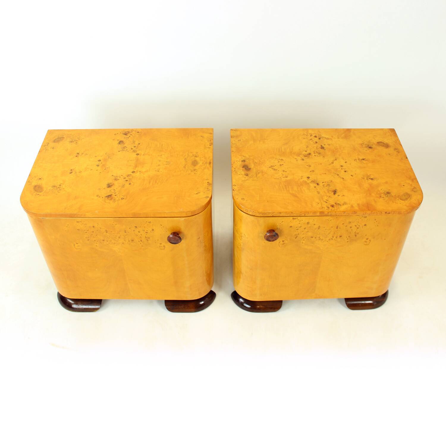 Art Deco Bedside Tables In Root Veneer, Czechoslovakia 1940s