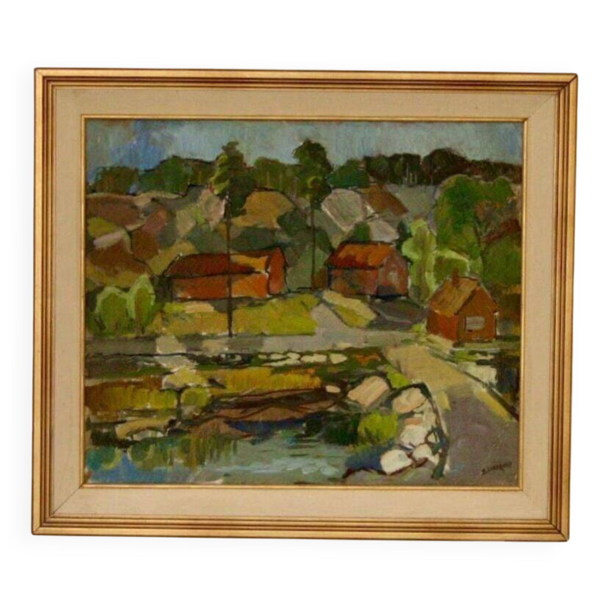 Original Swedish Oil On Panel – "Village" By Bertil Lundqvist – Signed – Vintage & Framed