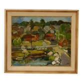Original Swedish Oil On Panel – "Village" By Bertil Lundqvist – Signed – Vintage & Framed