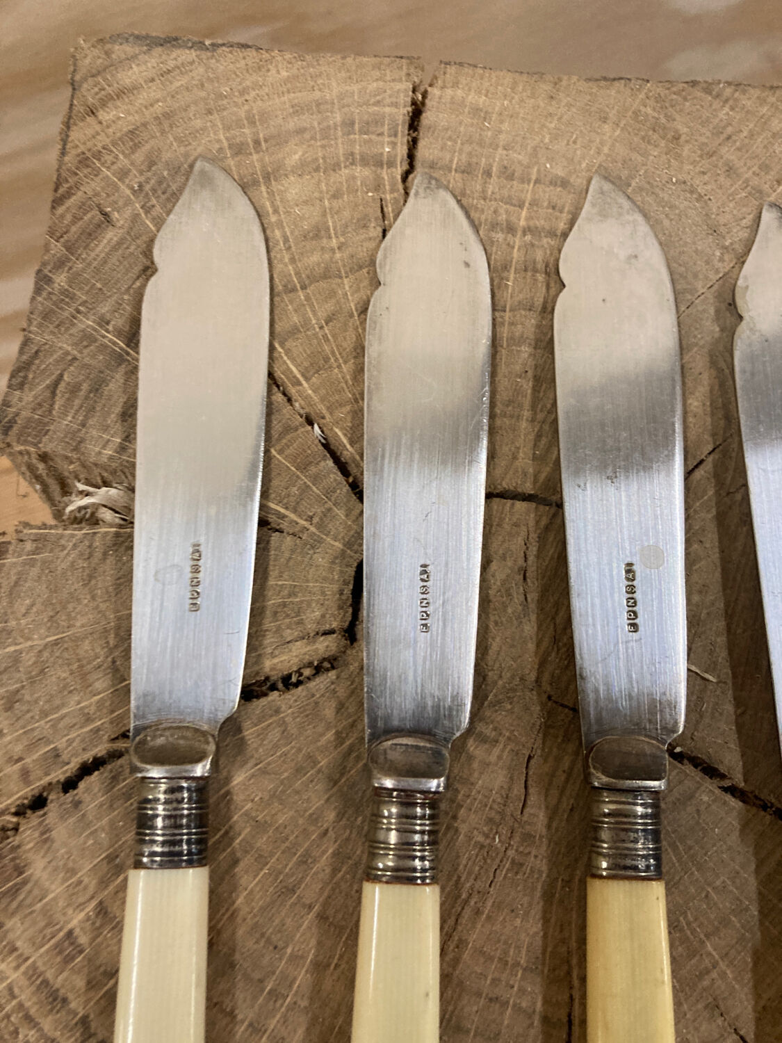 5 English fish knives in silver metal and Bakelite