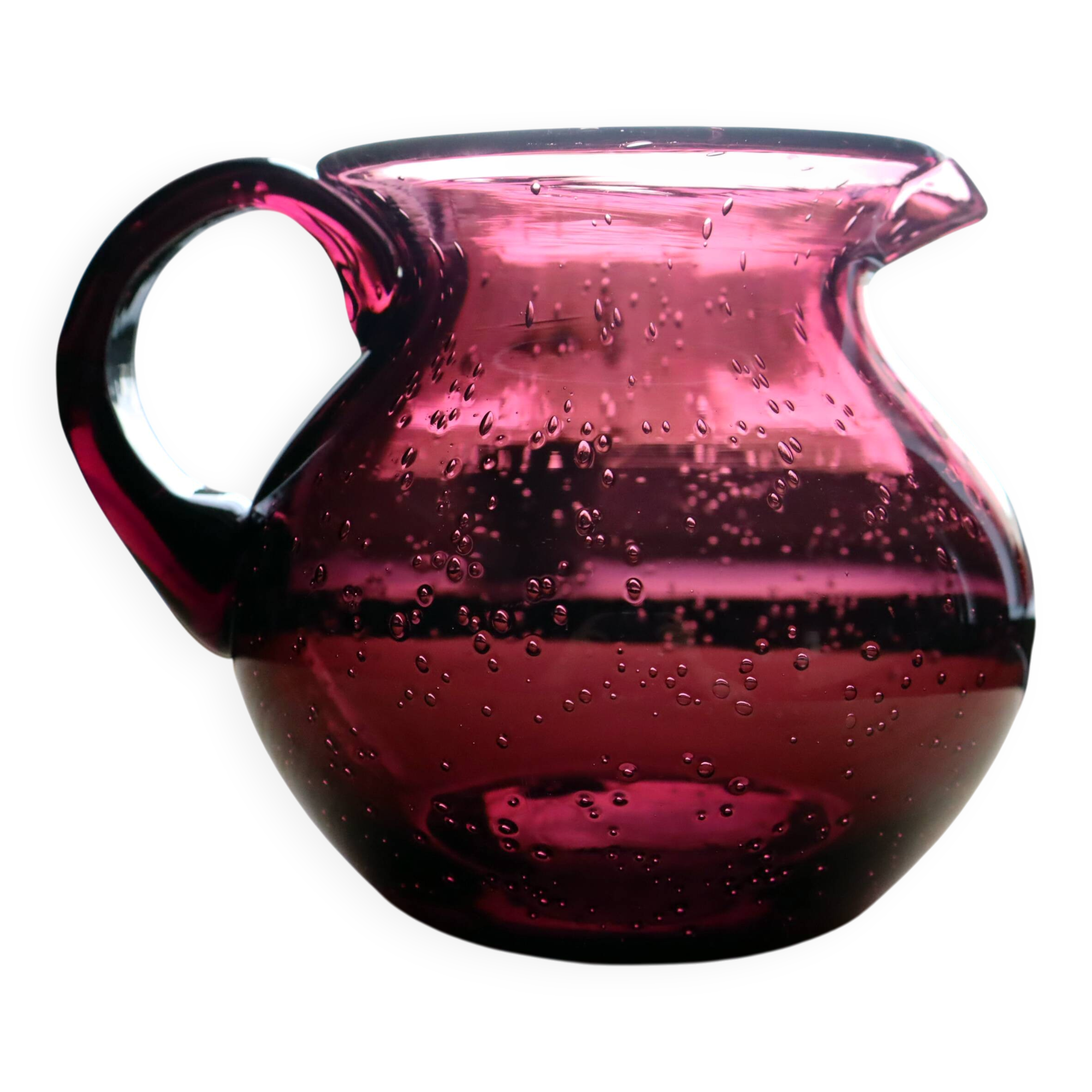 Large blown glass pitcher with bubbles in amethyst / violet.