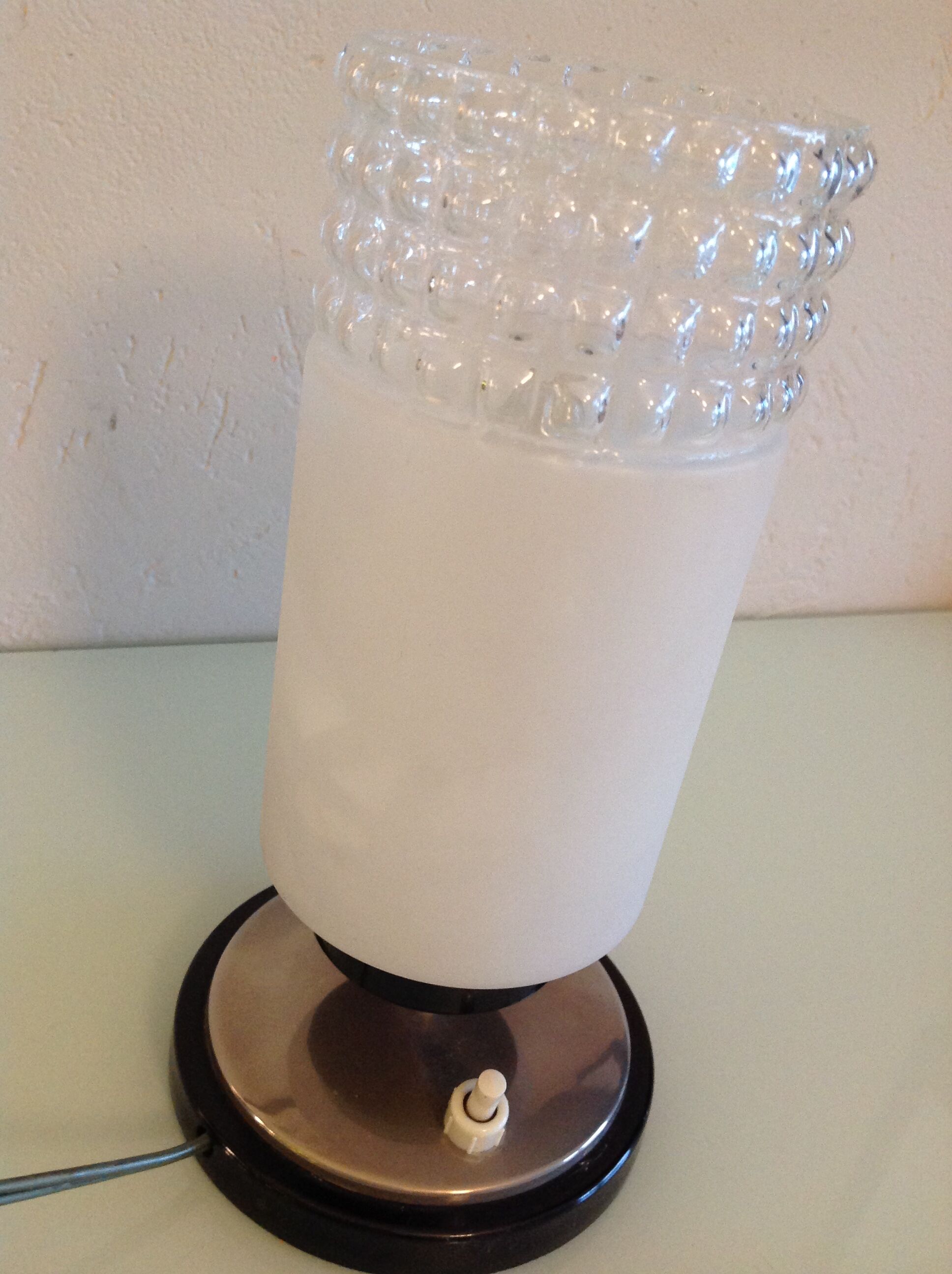 Tube bedside lamp with bi-material/vintage glass lampshade, 60/70s